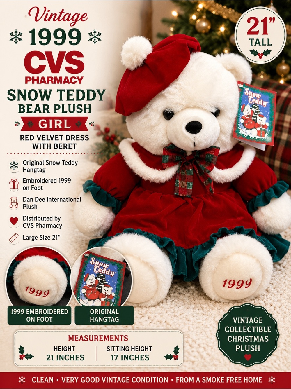 Vintage 1999 CVS Dan Dee Snow Teddy Christmas Bear Plush